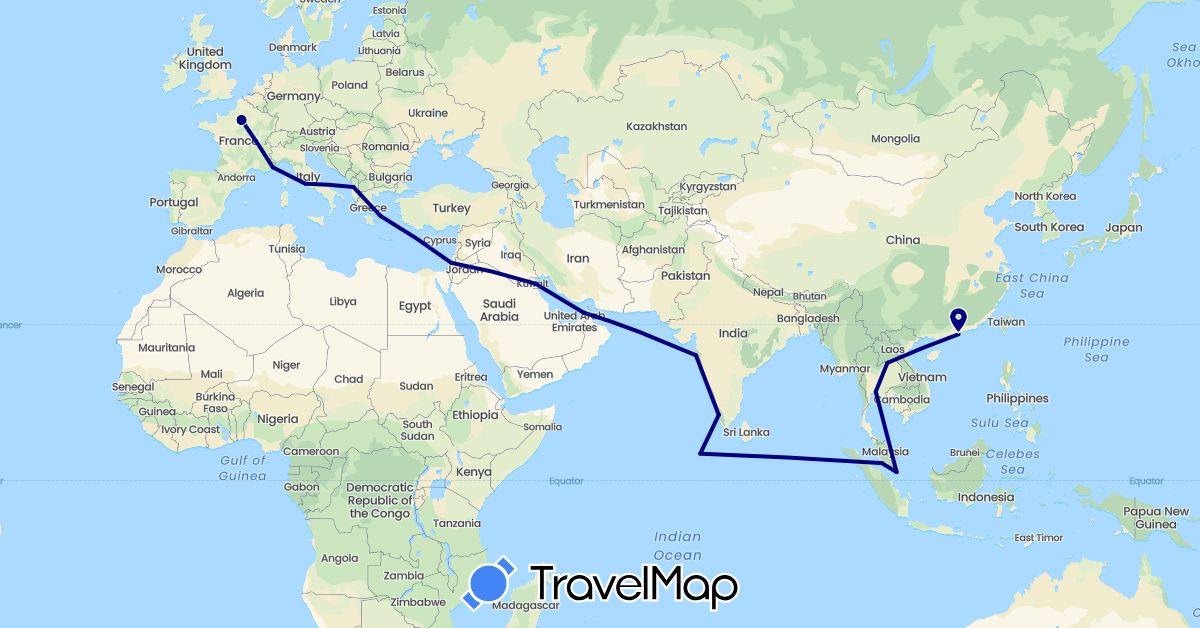 TravelMap itinerary: driving in United Arab Emirates, Albania, China, France, Greece, Israel, India, Italy, Kuwait, Laos, Maldives, Malaysia, Singapore, Thailand (Asia, Europe)