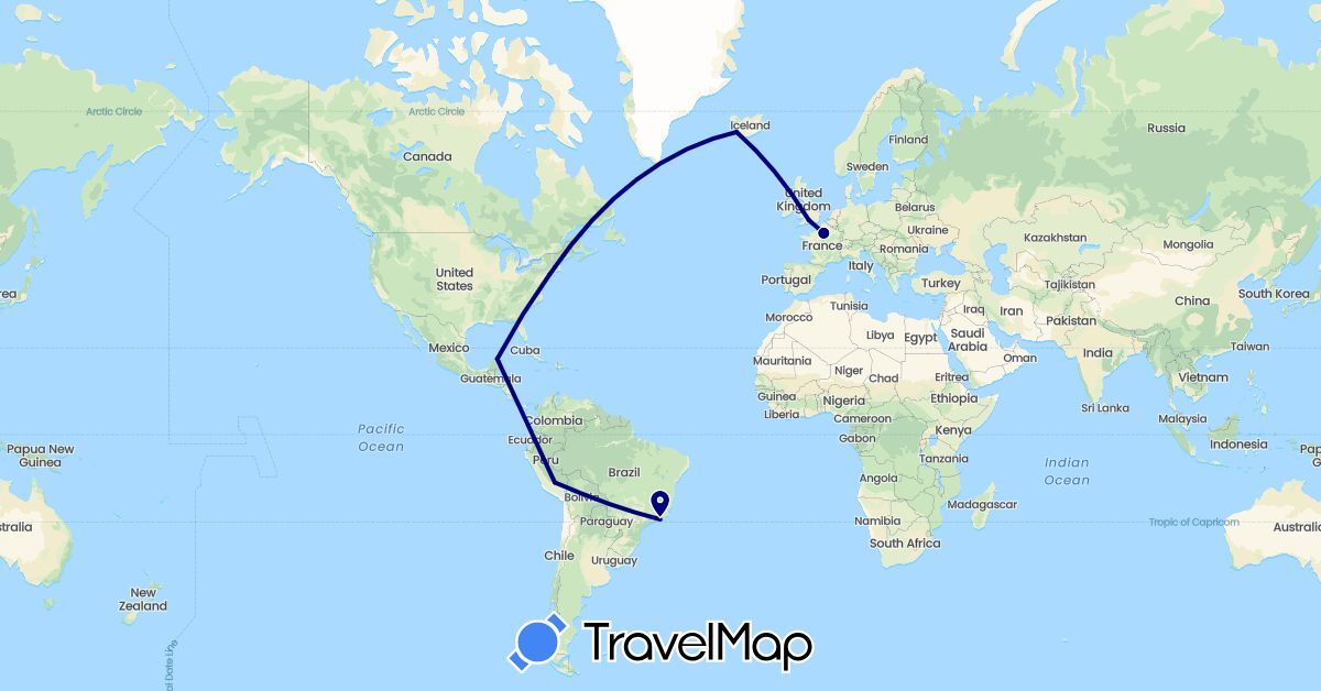 TravelMap itinerary: driving in Brazil, France, United Kingdom, Iceland, Mexico, Peru, United States (Europe, North America, South America)